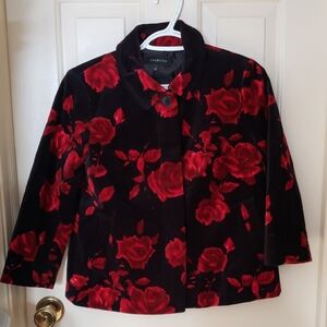 Talbots Women's Rose Floral Print Black Velvet Blazer